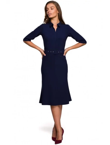 Dámske šaty s opaskom S231 tmavomodré - Stylove