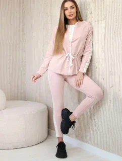 Dámská bavlněná souprava s proužky a stahovacími lemy pudrově růžová