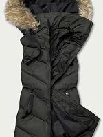 Dámska páperová vesta v army farbe s kožušinou (5M787-136)