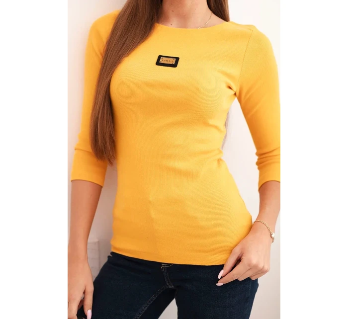 Dámska pruhovaná blúzka s 3/4 rukávmi a ozdobnou aplikáciou v horčicovej farbe Dámska pruhovaná blúzka s 3/4 rukávmi a ozdobnou aplikáciou v horčicovej farbe