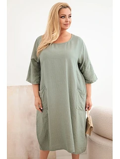 Dámske plus size viskózové šaty s vreckami a krátkymi rukávmi khaki