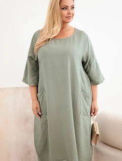Dámske plus size viskózové šaty s vreckami a krátkymi rukávmi khaki