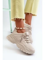 Sneakersy Damskie Na Masywnej Podeszwie Z Ozdobnym Sznurowaniem Beżowe Relissa Sneakersy Damskie Na Masywnej Podeszwie Z Ozdobnym Sznurowaniem Beżowe Relissa