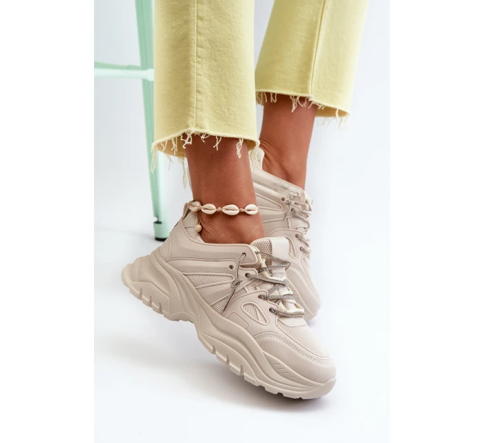Sneakersy Damskie Na Masywnej Podeszwie Z Ozdobnym Sznurowaniem Beżowe Relissa Sneakersy Damskie Na Masywnej Podeszwie Z Ozdobnym Sznurowaniem Beżowe Relissa