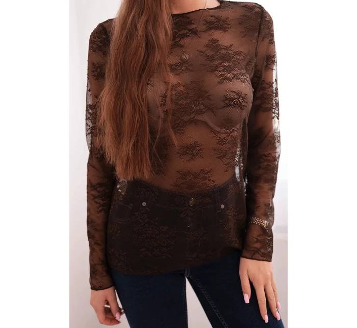 Dámská krajková blůza s dlouhým rukávem hnědá