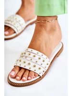 Damskie Skórzane Klapki Z Ozdobą Białe Brien Damskie Skórzane Klapki Z Ozdobą Białe Brien