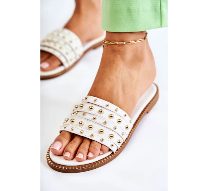 Damskie Skórzane Klapki Z Ozdobą Białe Brien Damskie Skórzane Klapki Z Ozdobą Białe Brien