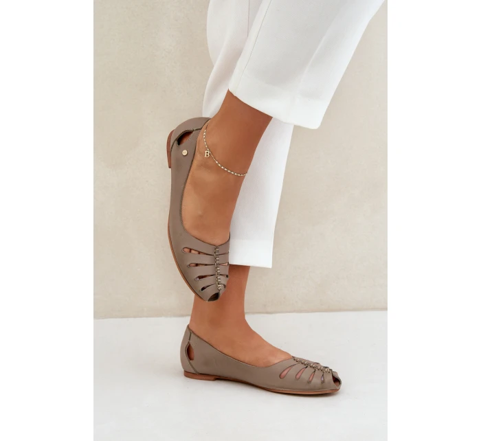 Zazoo 10009 Wygodne Skórzane Baleriny Damskie Ciemnobeżowe