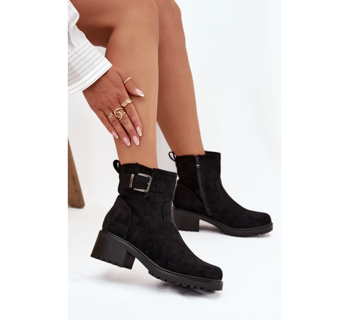 Ocieplane Botki Damskie Na Niskim Obcasie Klocku Z Klamrą Czarne  Helvina