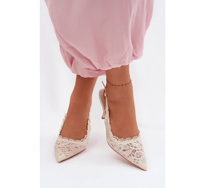 Krajkové Sandály na Podpatku Světle Béžové model 22103019 - Boto