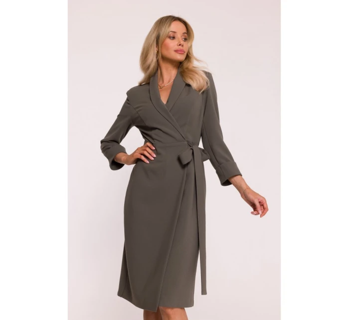 S415 Košeľové šaty viazané v páse - khaki