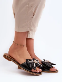 Płaskie Skórzane Klapki Damskie Z Kokardą Laura Messi 2791 Czarne