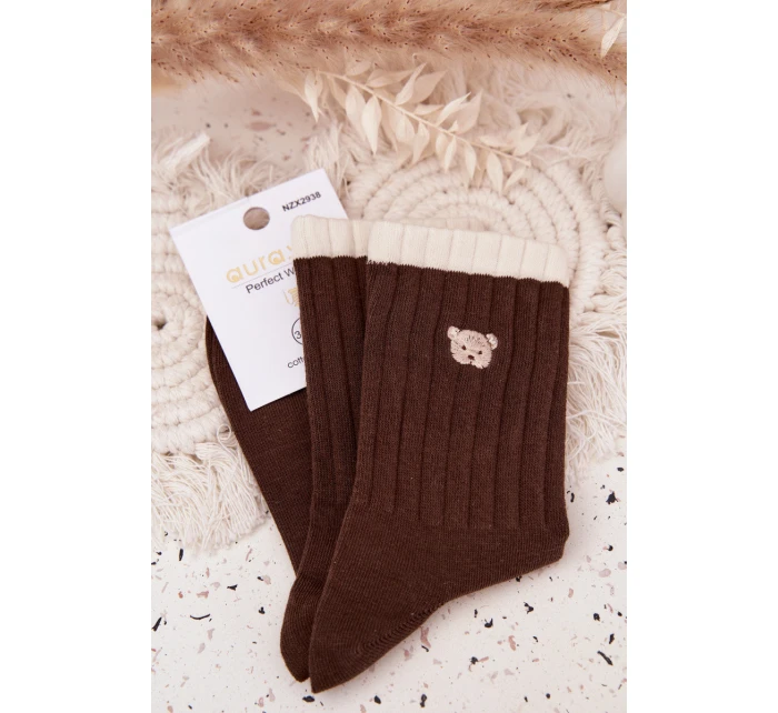 Dámské bavlněné ponožky s malým medvídkem čokoládové