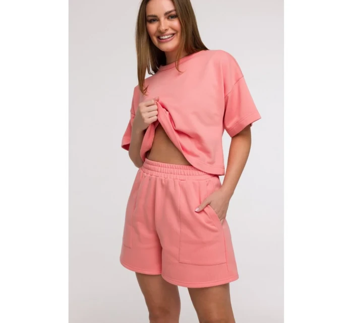 B295 Šortky s vreckami s aplikáciami - koralová