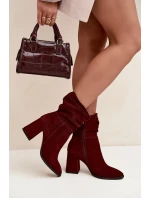 Kotníkové boty z přírodního semiše s vyhříváním na podpatku s mašlí Zazoo 4216 bordó