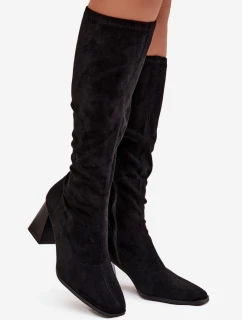 Dámske čižmy na podpätku s prešívaním Celandine - čierne