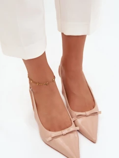 Dámske lakované lodičky na ihlovom podpätku s mašľou Olvena - nude