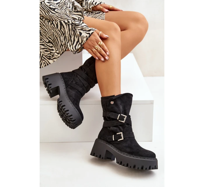 Botki Damskie Na Masywnym Obcasie Z Klamrami I Paskiem Czarne Nerelisa Botki Damskie Na Masywnym Obcasie Z Klamrami I Paskiem Czarne Nerelisa