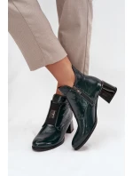 Skórzane Lakierowane Botki Na Klocku Z Ozdobnym Detalem Ocieplane Zazoo 60560 Ciemnozielone