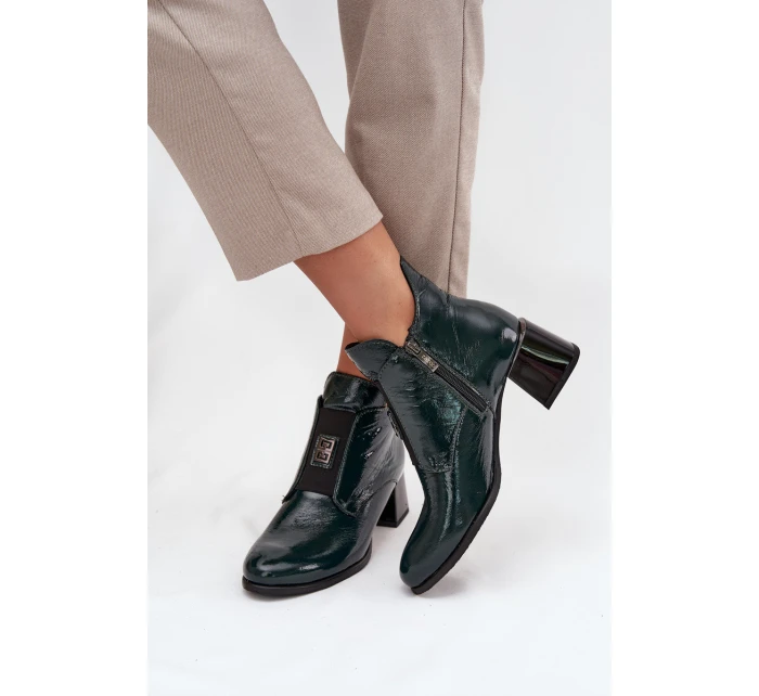 Skórzane Lakierowane Botki Na Klocku Z Ozdobnym Detalem Ocieplane Zazoo 60560 Ciemnozielone