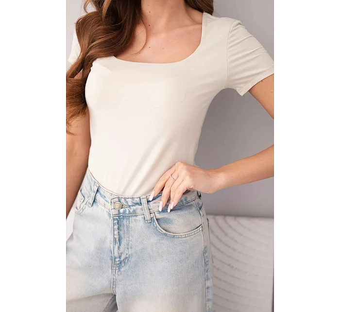 Dámska bambusová blúzka s krátkymi rukávmi a širokým výstrihom basic beige