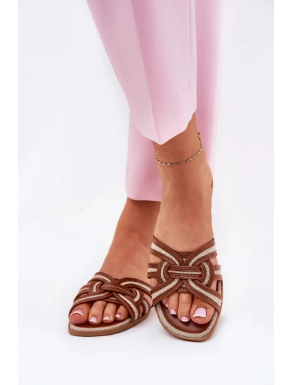 Klapki Damskie Płaskie Z Przeplatającymi Się Paskami Brązowe Acimine Klapki Damskie Płaskie Z Przeplatającymi Się Paskami Brązowe Acimine