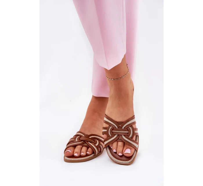 Klapki Damskie Płaskie Z Przeplatającymi Się Paskami Brązowe Acimine Klapki Damskie Płaskie Z Przeplatającymi Się Paskami Brązowe Acimine
