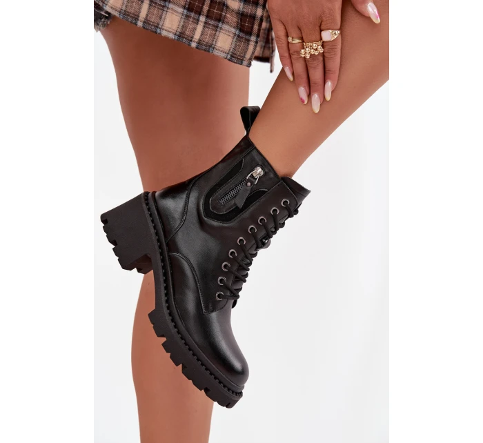 Skórzane Botki Damskie Na Klocku Ocieplane Vinceza 86418 Czarne