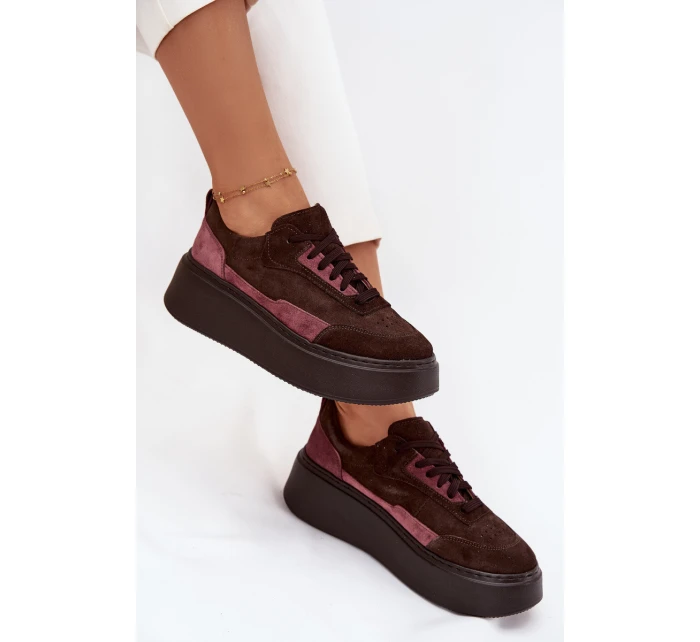 Dámské tenisky z pravé semiše na platformě model 21711179 čokoládové - Zazoo