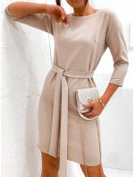 Klasické béžové šaty s opaskom na zaväzovanie (701)