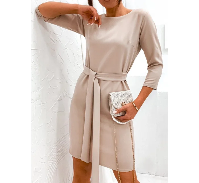 Klasické béžové šaty s opaskom na zaväzovanie (701)