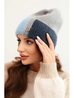 Dámská čepice barevná z viskózy s ozdobným knoflíkem šedý + modrý