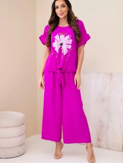 Dámský viskózový komplet s halenkou s potiskem a kalhotami tmavě fialová