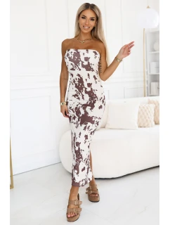 611-1 SAVANNAH šaty na ramienka - hnedo-biely boho vzor
