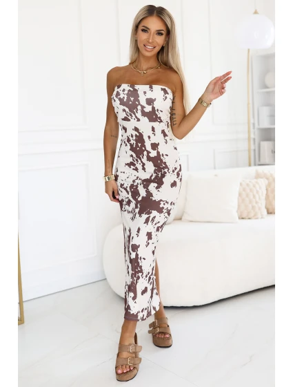 611-1 SAVANNAH šaty na ramienka - hnedo-biely boho vzor 611-1 SAVANNAH šaty na ramienka - hnedo-biely boho vzor
