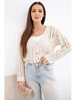 Dámsky bavlnený a čipkovaný sveter s výstrihom do V v béžovej farbe