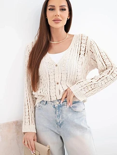 Dámsky bavlnený a čipkovaný sveter s výstrihom do V v béžovej farbe