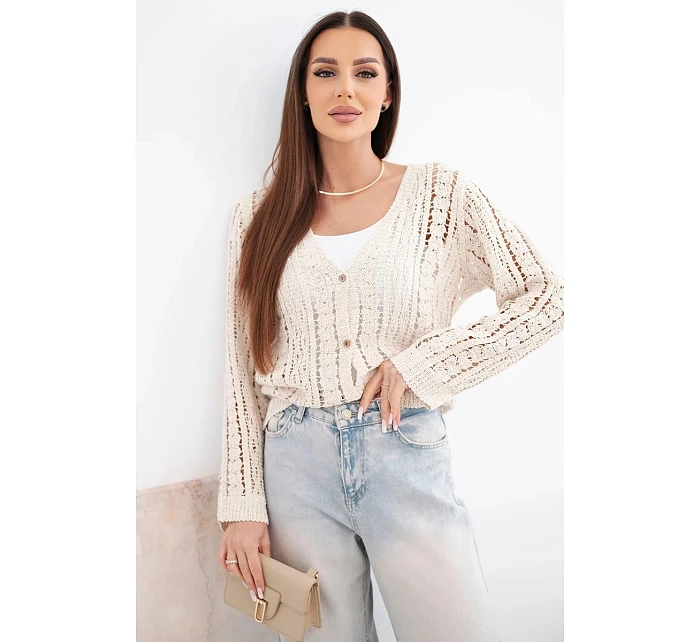 Dámsky bavlnený a čipkovaný sveter s výstrihom do V v béžovej farbe