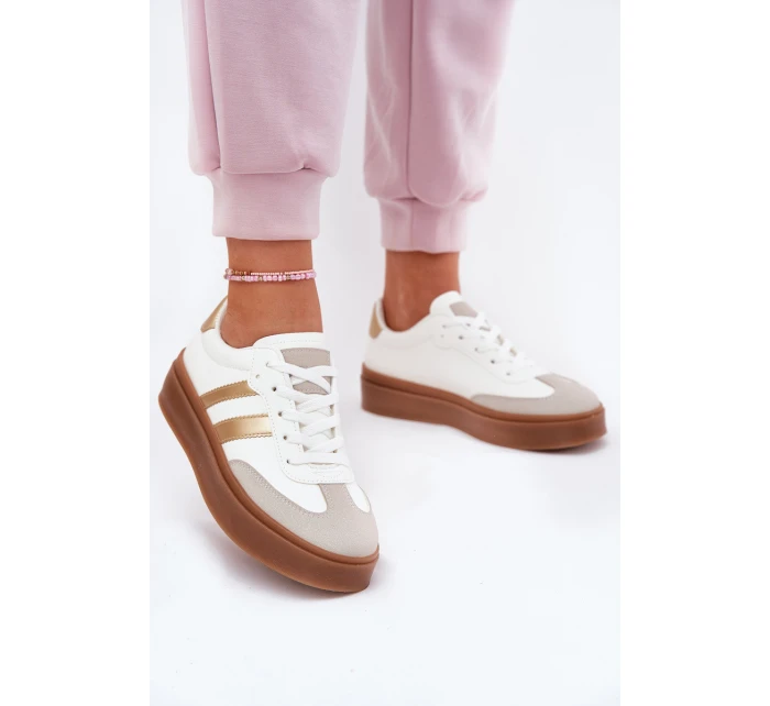 Sneakersy Damskie Na Platformie Z Eko Skóry Biało-Złote Elaraven