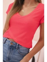 Dámská pruhovaná blůza s V výstřihem a krátkým rukávem neonově růžová