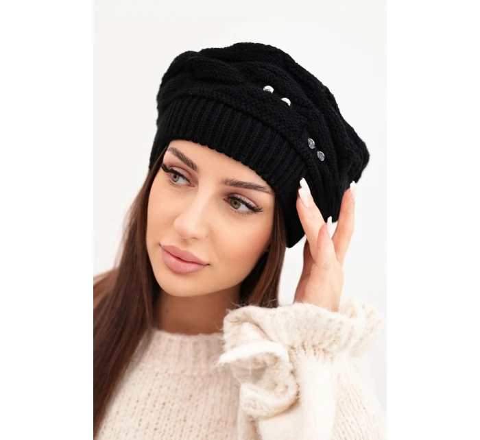 Dámská zimní vlněná čepice s ozdobnými krystalky K399 černá