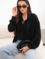 Dámske viskózové tričko s dlhými rukávmi a volánmi čierne