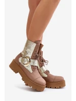 Zazoo 2942 Skórzane Botki Workery Ze Złotą Klamrą Beżowe