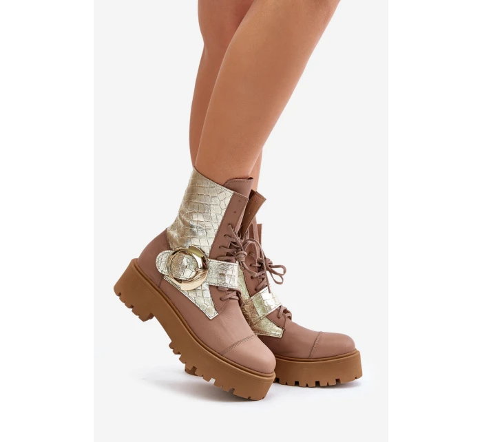 Zazoo 2942 Skórzane Botki Workery Ze Złotą Klamrą Beżowe