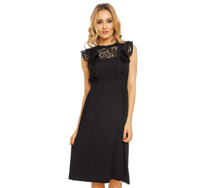 Dámske šaty s čipkovaným rukávom stredne dlhé čierne - Čierna - Elli White