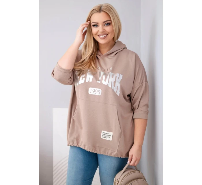 Dámská mikina Plus Size z viskózy s kapucí a klokaní kapsou fango Dámská mikina Plus Size z viskózy s kapucí a klokaní kapsou fango