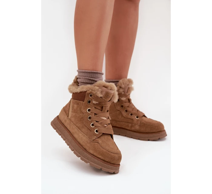 Zamszowe Śniegowce Trapery Damskie Na Platformie Z Futerkiem Big Star SS274370 Camel