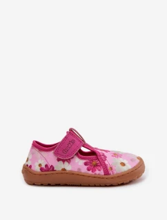 Dětské domácí pantofle na suchý zip s květinovým vzorem Barefoot Froddo Cannvas G1700439-4 Růžové