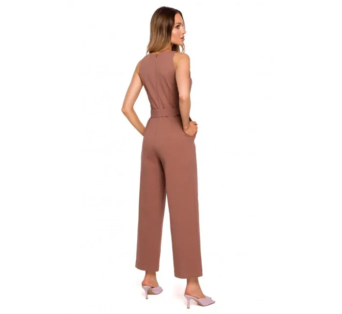 M679 Overal bez rukávov s opaskom a sponou - cukrovo ružový