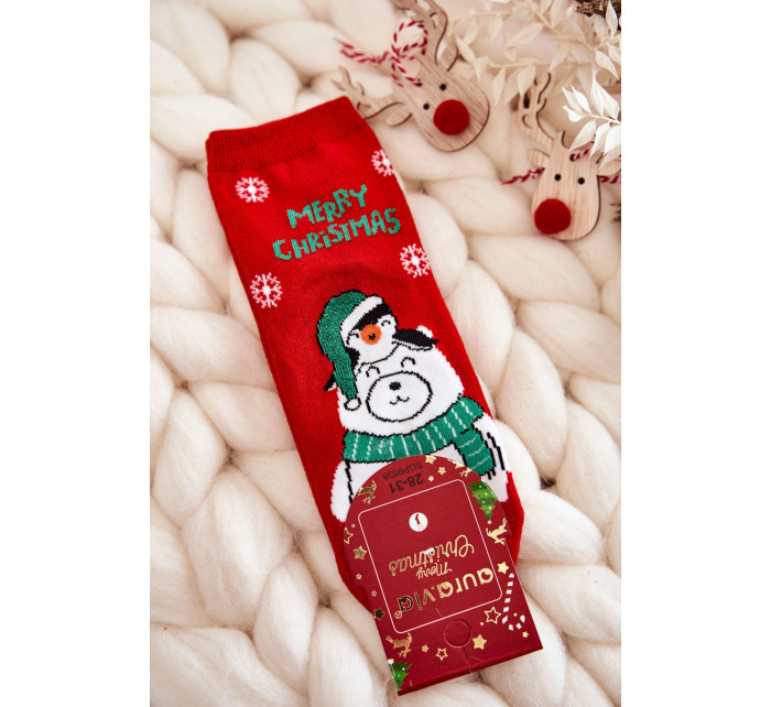 Detské ponožky "Veselé Vianoce" Ľadový medveď červený
